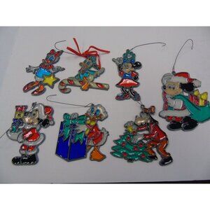 Vtg 1980's Mickey Mouse Set Of 7 "Stained Glass" Christmas Ornaments Handmade
